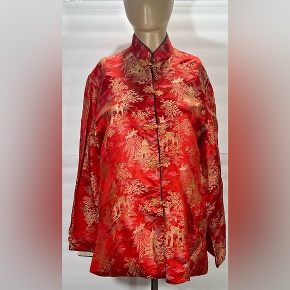 Salome Tops - Red Brocade Mandarin Collar Button-Down Shirt with Gold Detail Size Medium